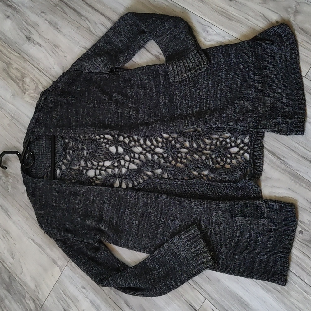 Black Tape long grey cardigan with crochet back!